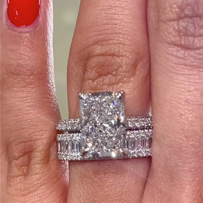 Radiant Cut Diamond White Sterling Silver Available in 3 Colors Wedding Ring Set