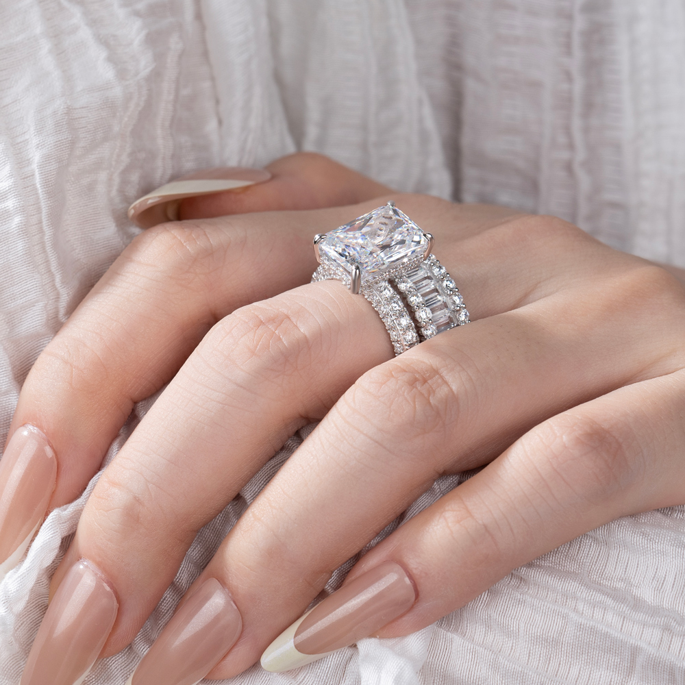 Radiant Cut Diamond White Sterling Silver Available in 3 Colors Wedding Ring Set