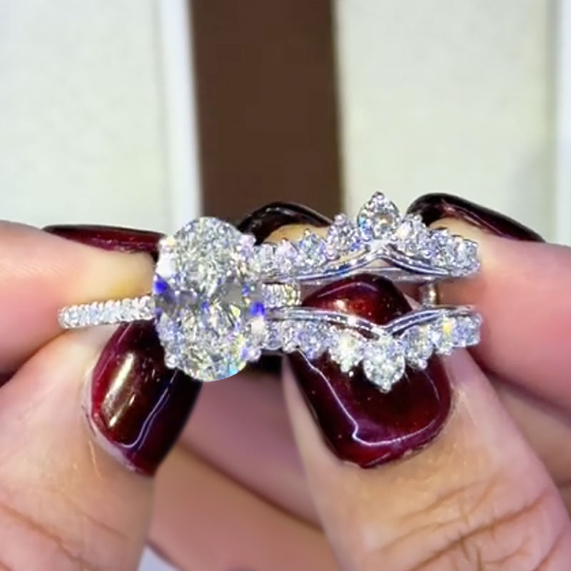 Oval Cut Diamond White Sterling Silver Insert Wedding Ring Set