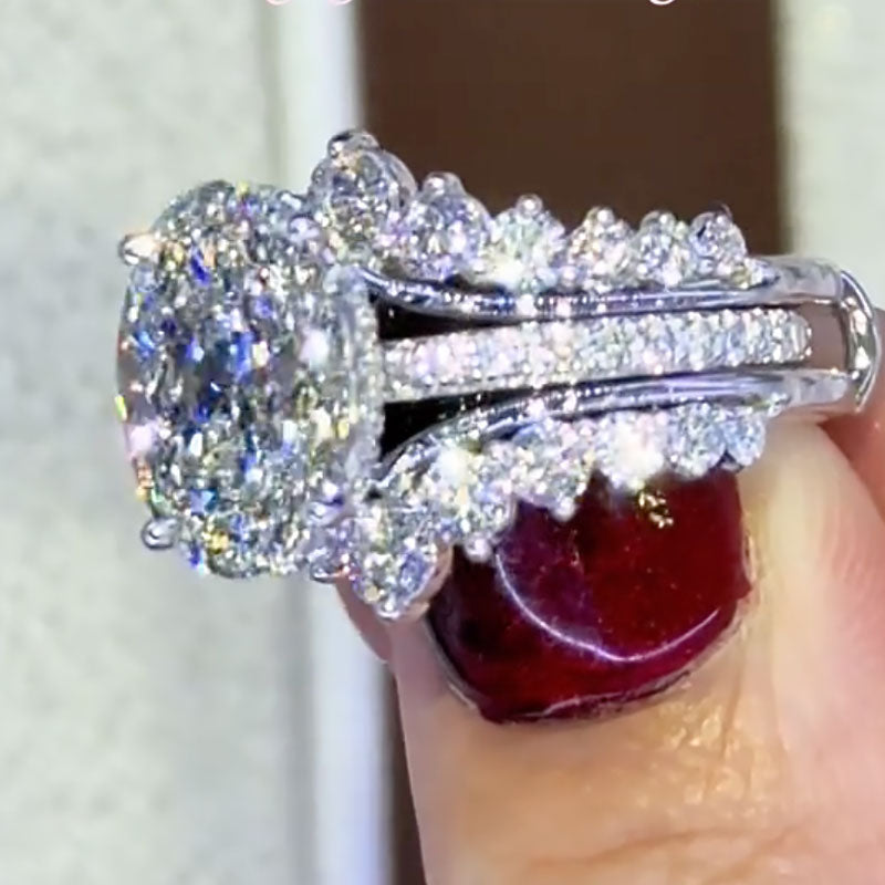 Oval Cut Diamond White Sterling Silver Insert Wedding Ring Set