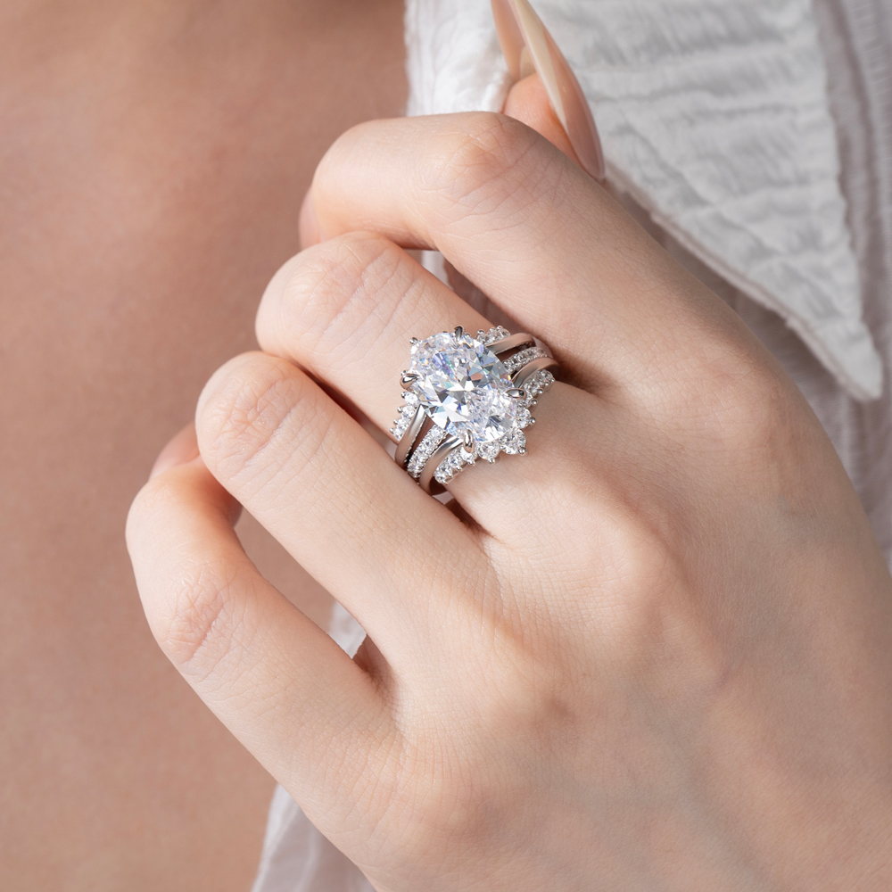 Oval Cut Diamond White Sterling Silver Insert Wedding Ring Set