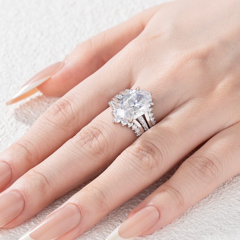 Oval Cut Diamond White Sterling Silver Insert Wedding Ring Set