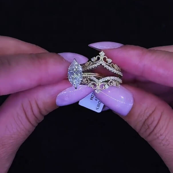 Marquise Cut Diamond White Yellow Gold Sterling Silver Insert Wedding Ring Set