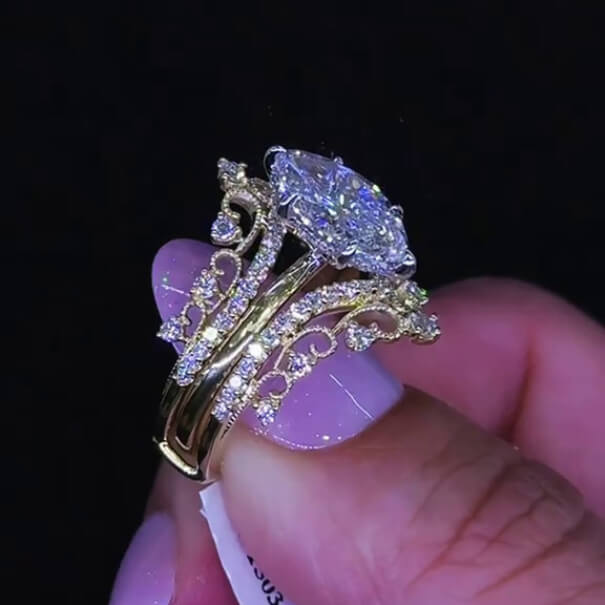 Marquise Cut Diamond White Yellow Gold Sterling Silver Insert Wedding Ring Set