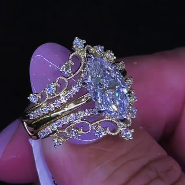 Marquise Cut Diamond White Yellow Gold Sterling Silver Insert Wedding Ring Set