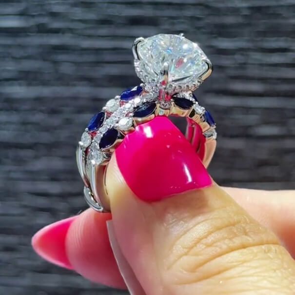 Round Cut Diamond White Sapphire Blue Sterling Silver Insert Wedding Ring Set