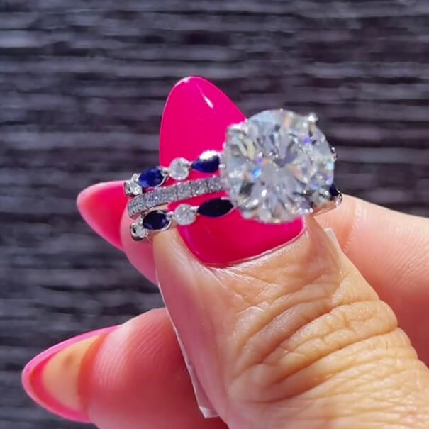 Round Cut Diamond White Sapphire Blue Sterling Silver Insert Wedding Ring Set