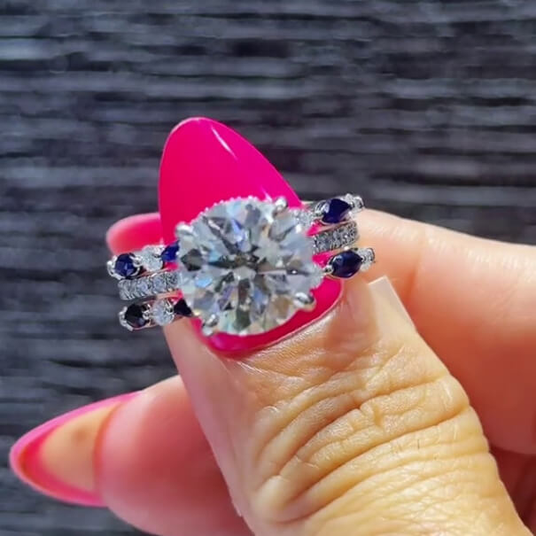 Round Cut Diamond White Sapphire Blue Sterling Silver Insert Wedding Ring Set