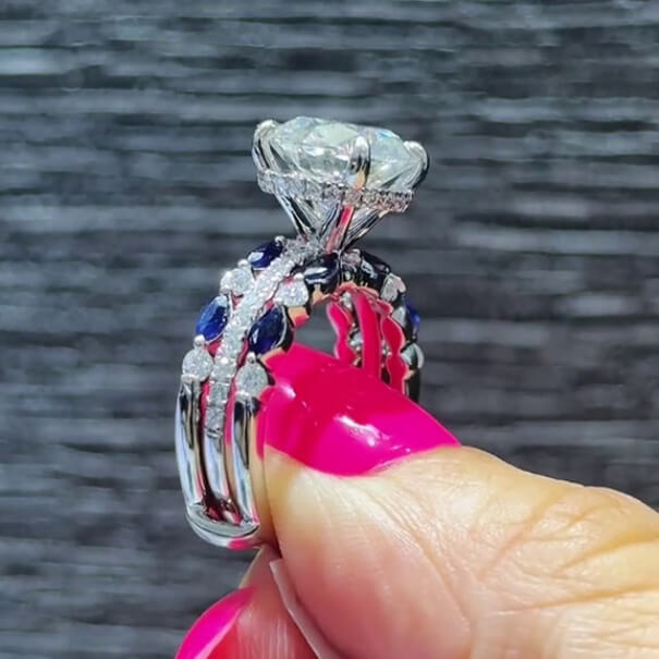 Round Cut Diamond White Sapphire Blue Sterling Silver Insert Wedding Ring Set