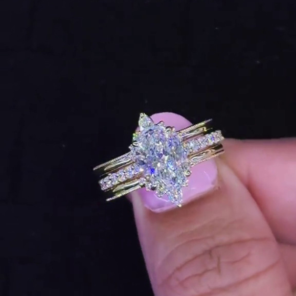 Oval Cut Diamond White Yellow Gold Sterling Silver Insert Wedding Ring Set