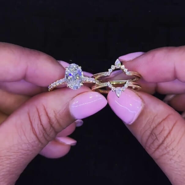 Oval Cut Diamond White Yellow Gold Sterling Silver Insert Wedding Ring Set