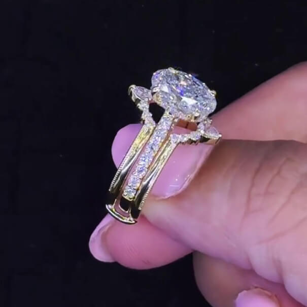 Oval Cut Diamond White Yellow Gold Sterling Silver Insert Wedding Ring Set