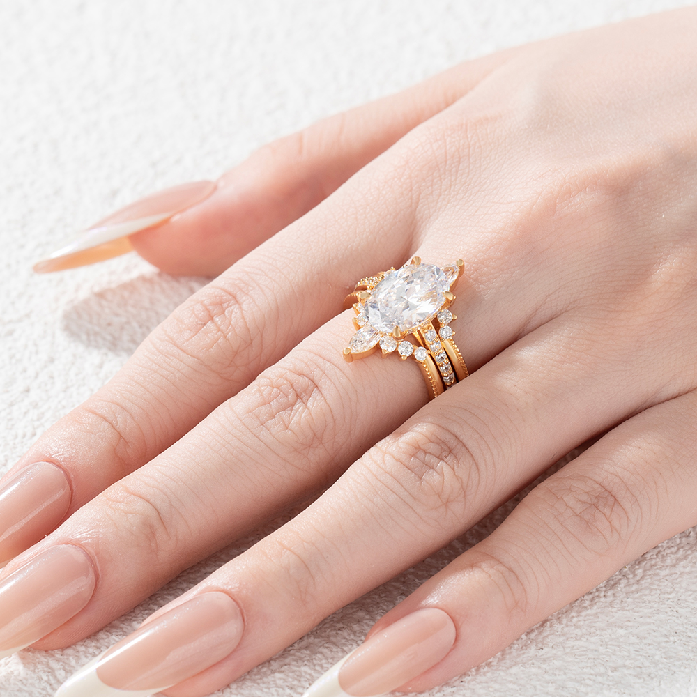 Oval Cut Diamond White Insert Sterling Silver Hidden Halo Jacket Bridal Sets