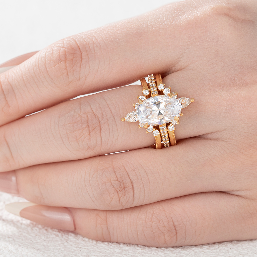 Oval Cut Diamond White Yellow Gold Sterling Silver Insert Wedding Ring Set