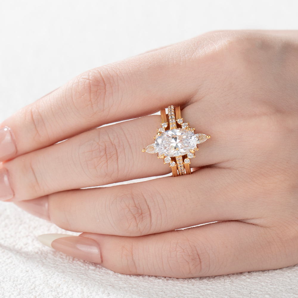 Oval Cut Diamond White Insert Sterling Silver Hidden Halo Jacket Bridal Sets