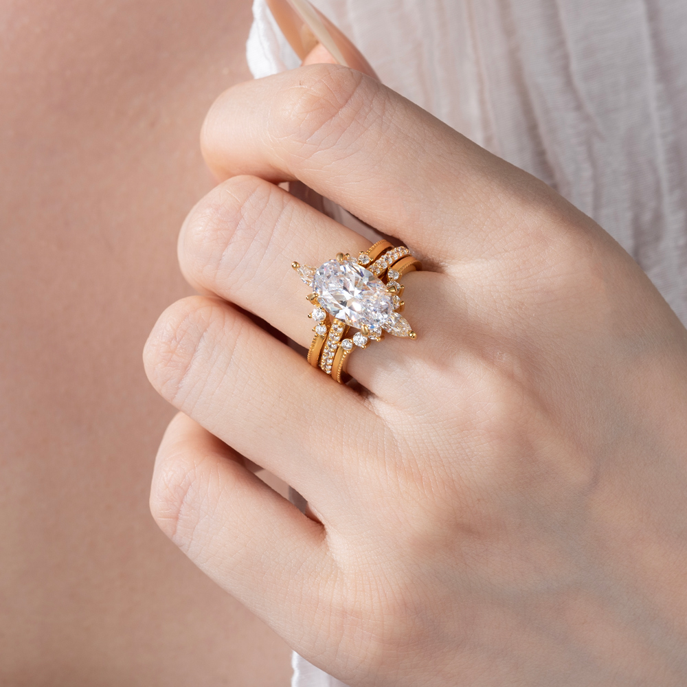 Oval Cut Diamond White Insert Sterling Silver Hidden Halo Jacket Bridal Sets