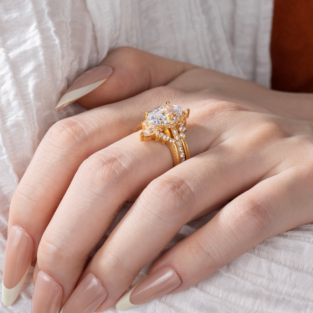 Oval Cut Diamond White Insert Sterling Silver Hidden Halo Jacket Bridal Sets