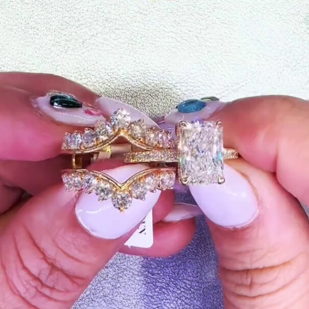 Radiant Cut Diamond White Rose Gold Sterling Silver Insert Wedding Ring Set