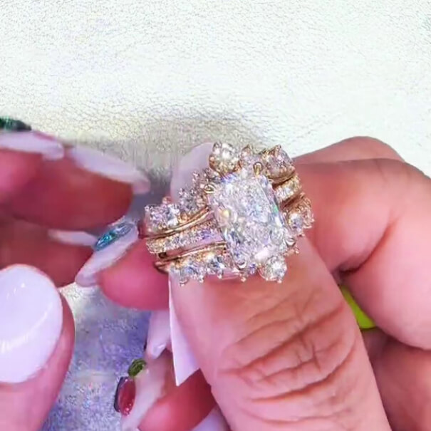 Radiant Cut Diamond White Rose Gold Sterling Silver Insert Wedding Ring Set