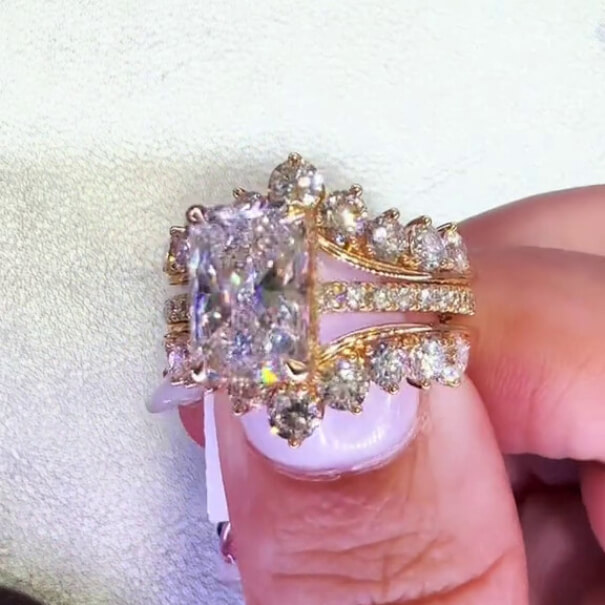 Radiant Cut Diamond White Rose Gold Sterling Silver Insert Wedding Ring Set