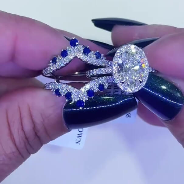 Oval Cut Diamond White Sapphire Blue Sterling Silver Insert Halo Wedding Ring Set