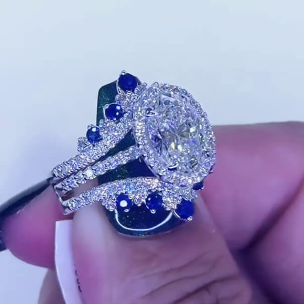 Oval Cut Diamond White Sapphire Blue Sterling Silver Insert Halo Wedding Ring Set