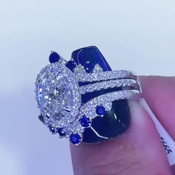 Oval Cut Diamond White Sapphire Blue Sterling Silver Insert Halo Wedding Ring Set