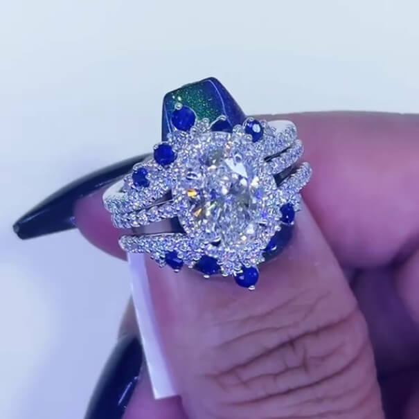 Oval Cut Diamond White Sapphire Blue Sterling Silver Insert Halo Wedding Ring Set