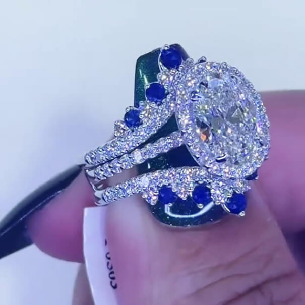 Oval Cut Diamond White Sapphire Blue Sterling Silver Insert Halo Wedding Ring Set