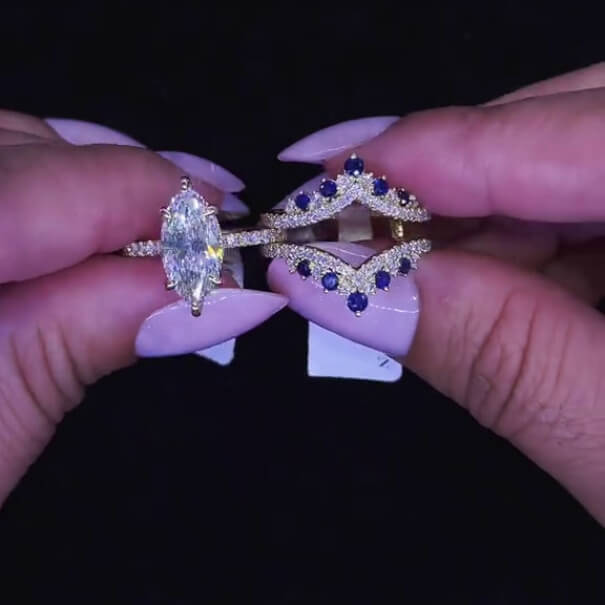 Marquise Cut Diamond White Sapphire Blue Yellow Gold Sterling Silver Insert Wedding Ring Set