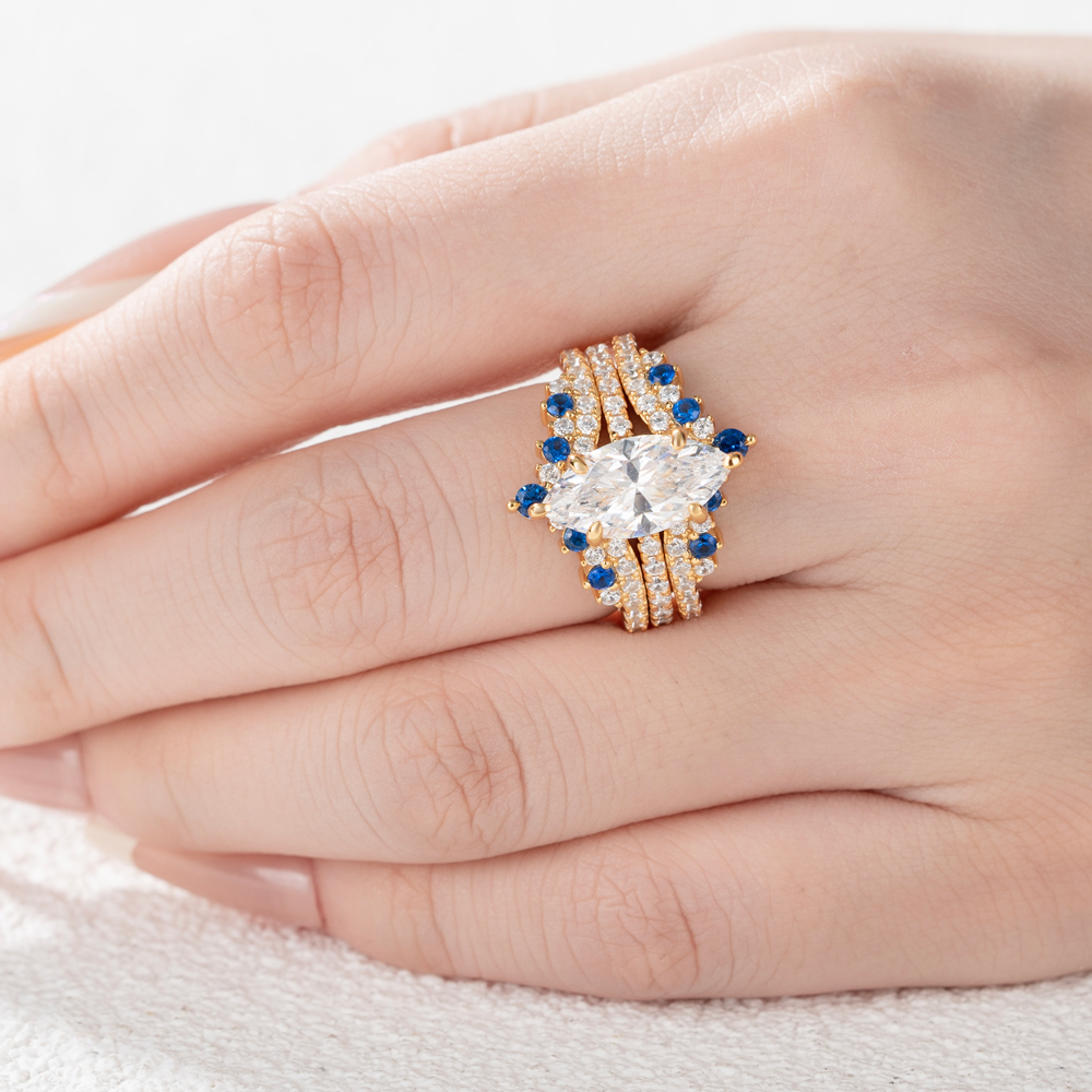 Marquise Cut Diamond White Sapphire Blue Yellow Gold Sterling Silver Insert Wedding Ring Set