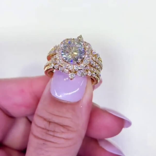 Round Cut Diamond White Yellow Gold Sterling Silver Insert Halo Wedding Ring Set