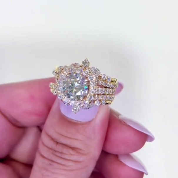 Round Cut Diamond White Yellow Gold Sterling Silver Insert Halo Wedding Ring Set