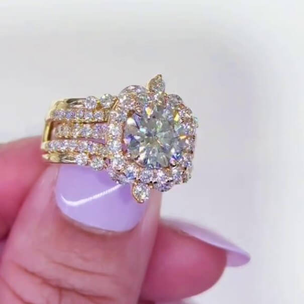 Round Cut Diamond White Yellow Gold Sterling Silver Insert Halo Wedding Ring Set