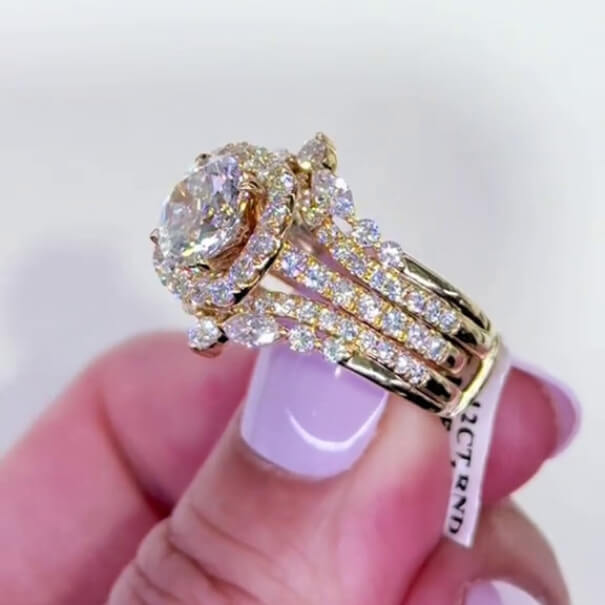 Round Cut Diamond White Yellow Gold Sterling Silver Insert Halo Wedding Ring Set