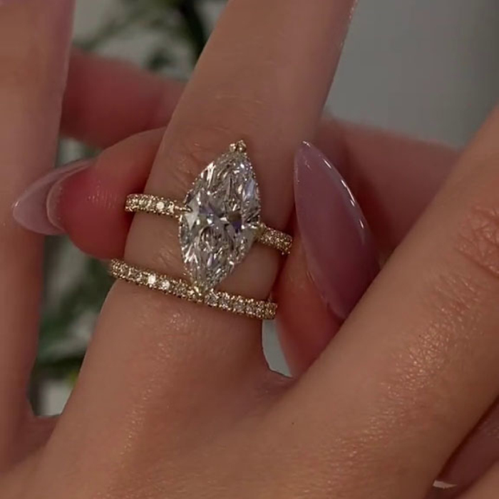 Marquise Cut Diamond White 925 Sterling Silver Yellow Gold Hidden Halo Wedding Ring Set