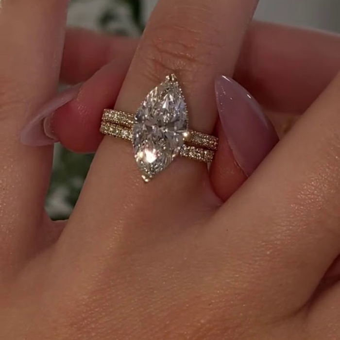 Marquise Cut Diamond White 925 Sterling Silver Yellow Gold Hidden Halo Wedding Ring Set