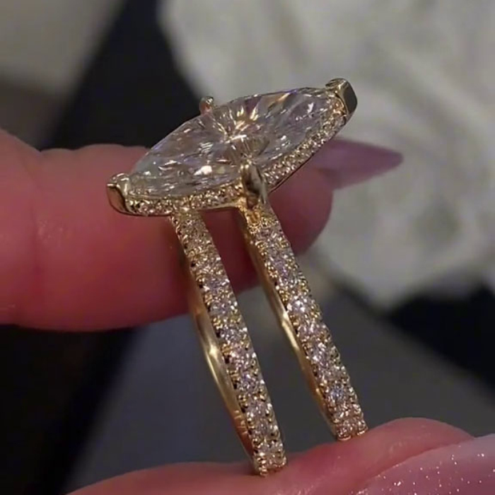 Marquise Cut Diamond White 925 Sterling Silver Yellow Gold Hidden Halo Wedding Ring Set