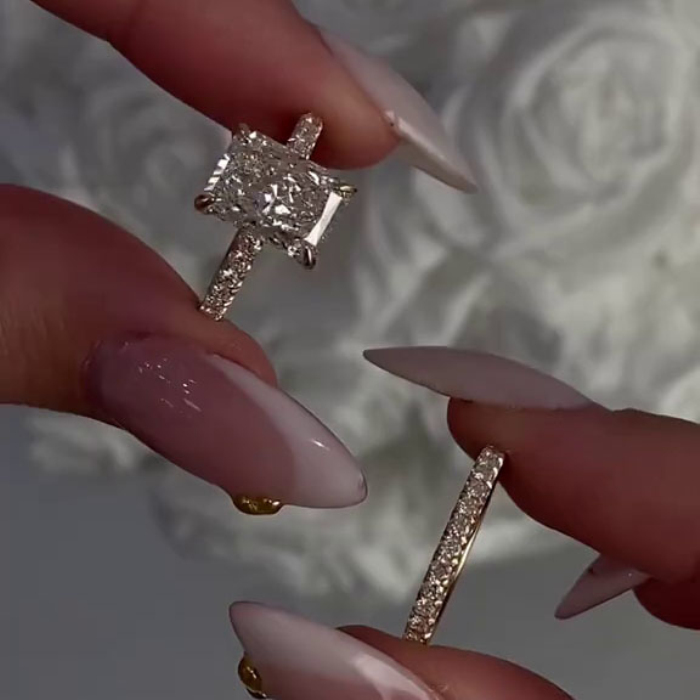 Radiant Cut Diamond White 925 Sterling Silver Yellow Gold Hidden Halo Wedding Ring Set