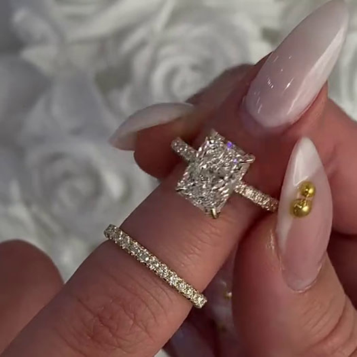 Radiant Cut Diamond White 925 Sterling Silver Yellow Gold Hidden Halo Wedding Ring Set