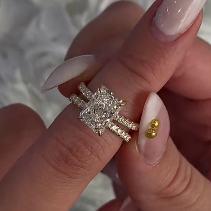 Radiant Cut Diamond White 925 Sterling Silver Yellow Gold Hidden Halo Wedding Ring Set