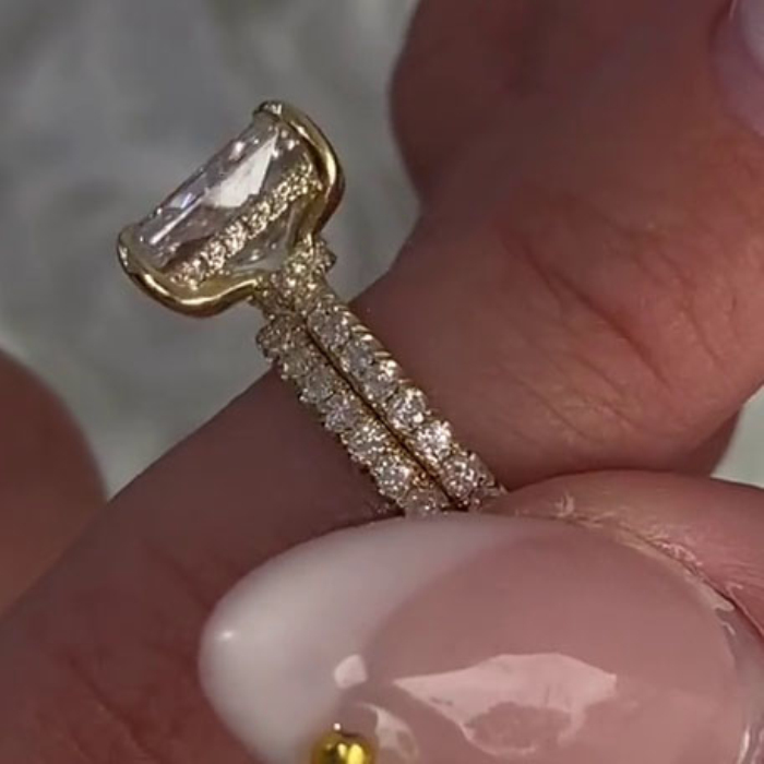 Radiant Cut Diamond White 925 Sterling Silver Yellow Gold Hidden Halo Wedding Ring Set