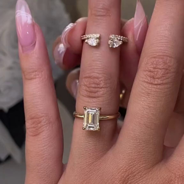 Emerald Cut Diamond White 925 Sterling Silver Yellow Gold Art Deco Wedding Ring Set