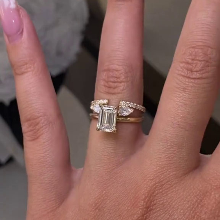 Emerald Cut Diamond White 925 Sterling Silver Yellow Gold Art Deco Wedding Ring Set