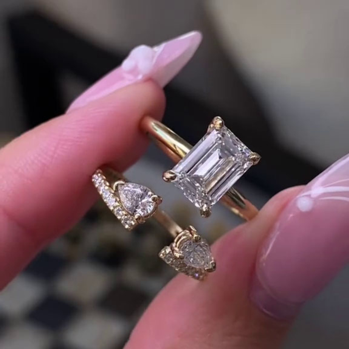 Emerald Cut Diamond White 925 Sterling Silver Yellow Gold Art Deco Wedding Ring Set