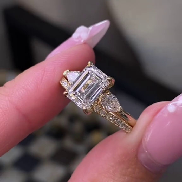 Emerald Cut Diamond White 925 Sterling Silver Yellow Gold Art Deco Wedding Ring Set