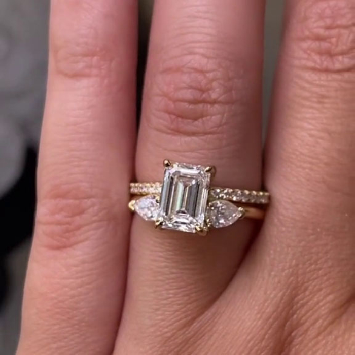 Emerald Cut Diamond White 925 Sterling Silver Yellow Gold Art Deco Wedding Ring Set