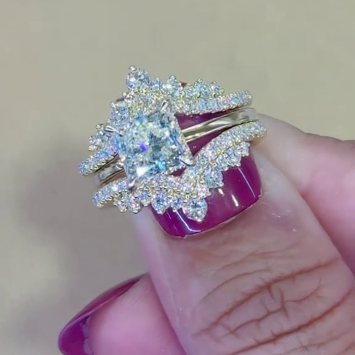 Princess Cut Diamond White 925 Sterling Silver Yellow Gold Art Deco Jacket Ring