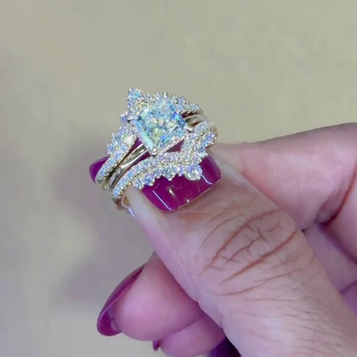 Princess Cut Diamond White 925 Sterling Silver Yellow Gold Art Deco Jacket Ring