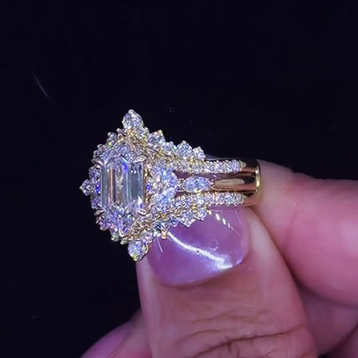 Hexagonal Cut Diamond White 925 Sterling Silver Yellow Gold Art Deco Jacket Ring